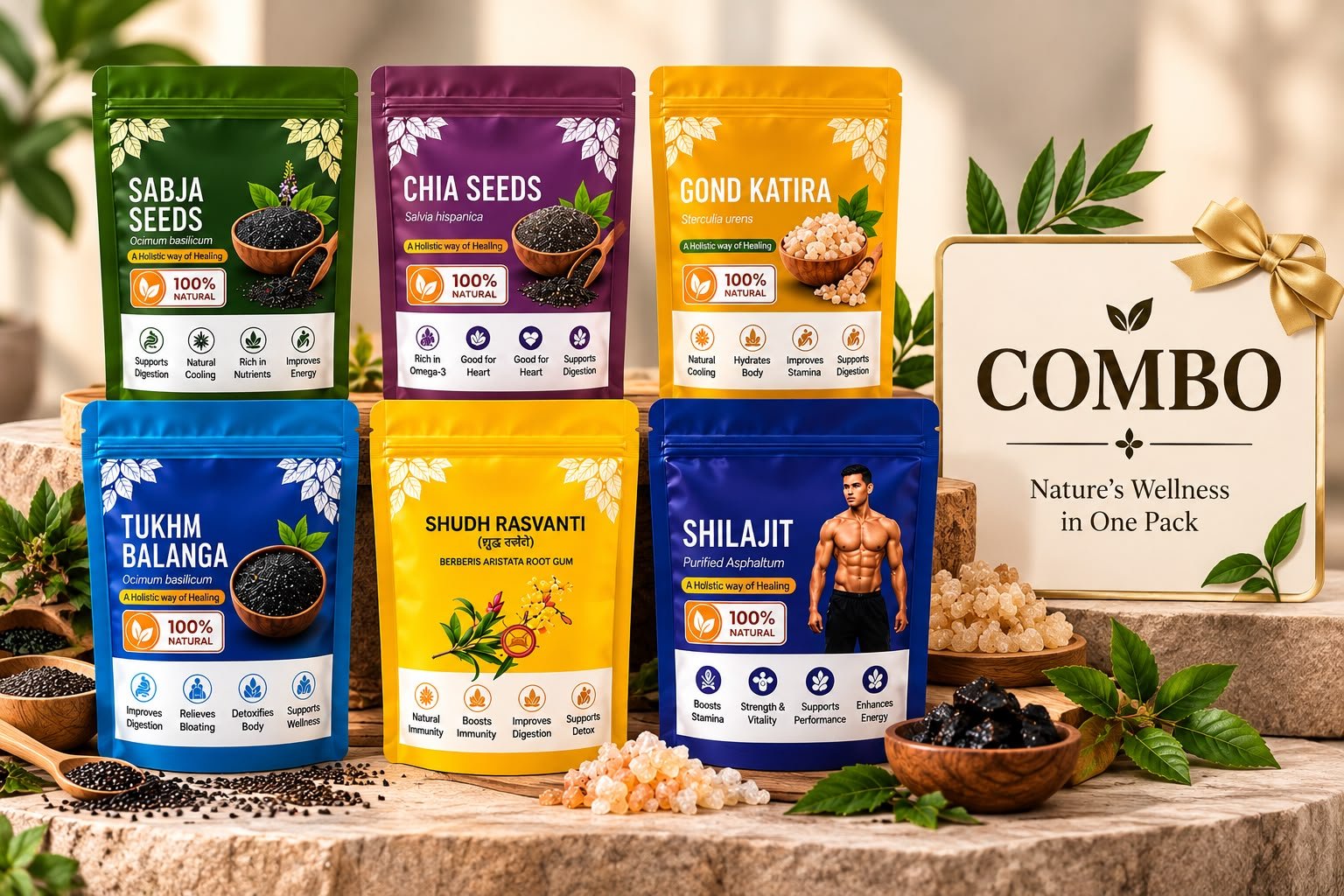 Combo of Chia Seeds, Sabja Seeds, Gond katira , Tukhm Balanga, Shuddh Raswanti ,Pure Shilajit